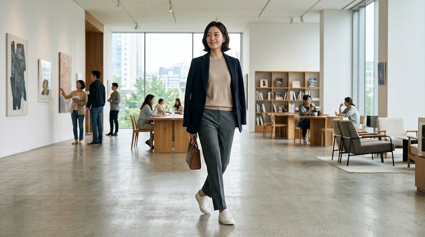 다양한 슬랙스가 정돈된 옷장에 걸려 있는 모습