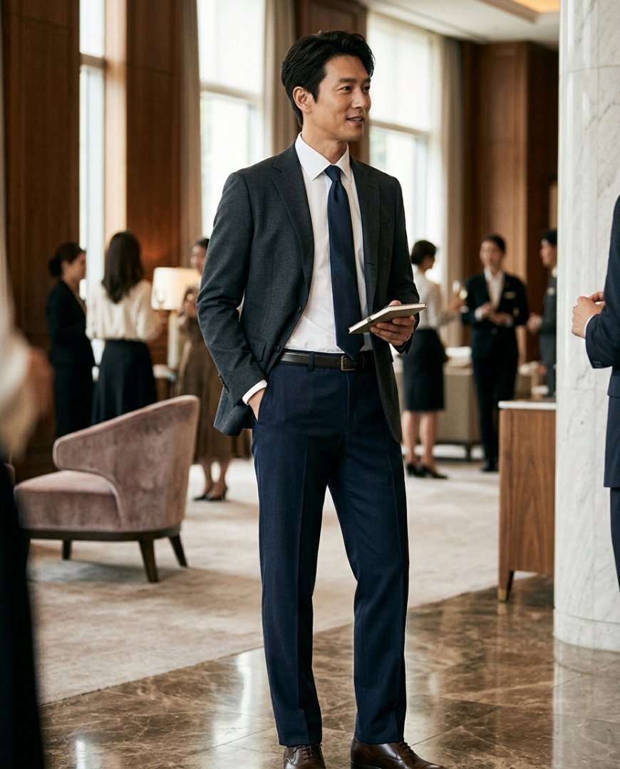 네이비 슬랙스와 어두운 블레이저가 어우러진 상태