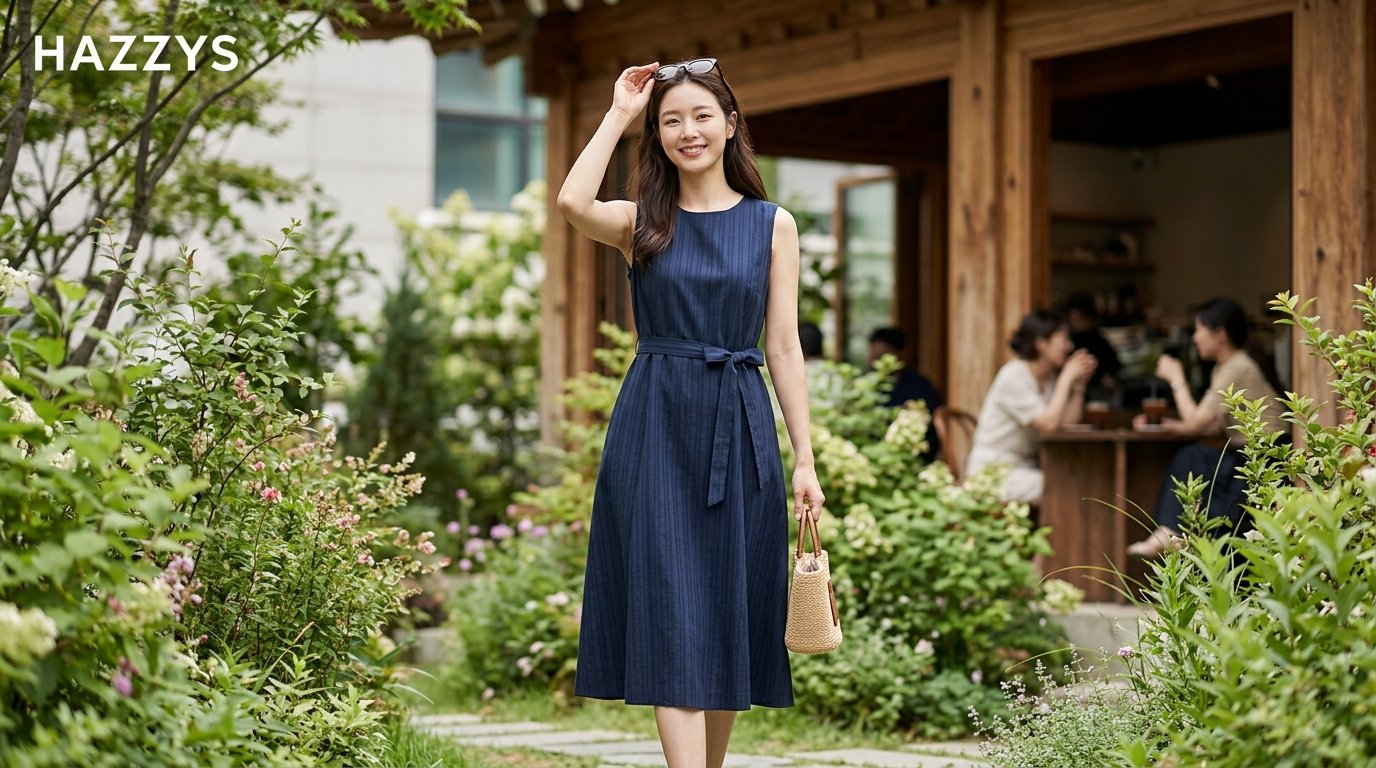 정원에 놓인 네이비 민소매 원피스와 소품들.