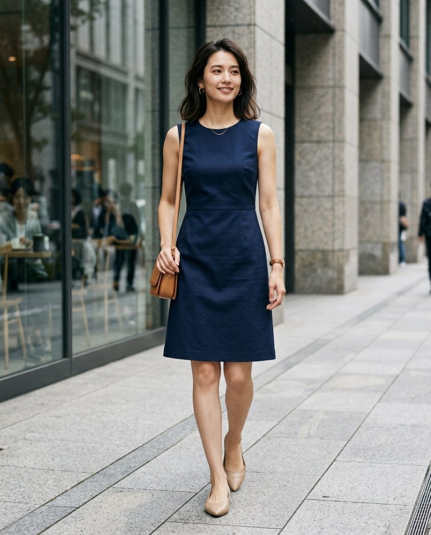 도심 거리에서 네이비 민소매 원피스와 크로스백