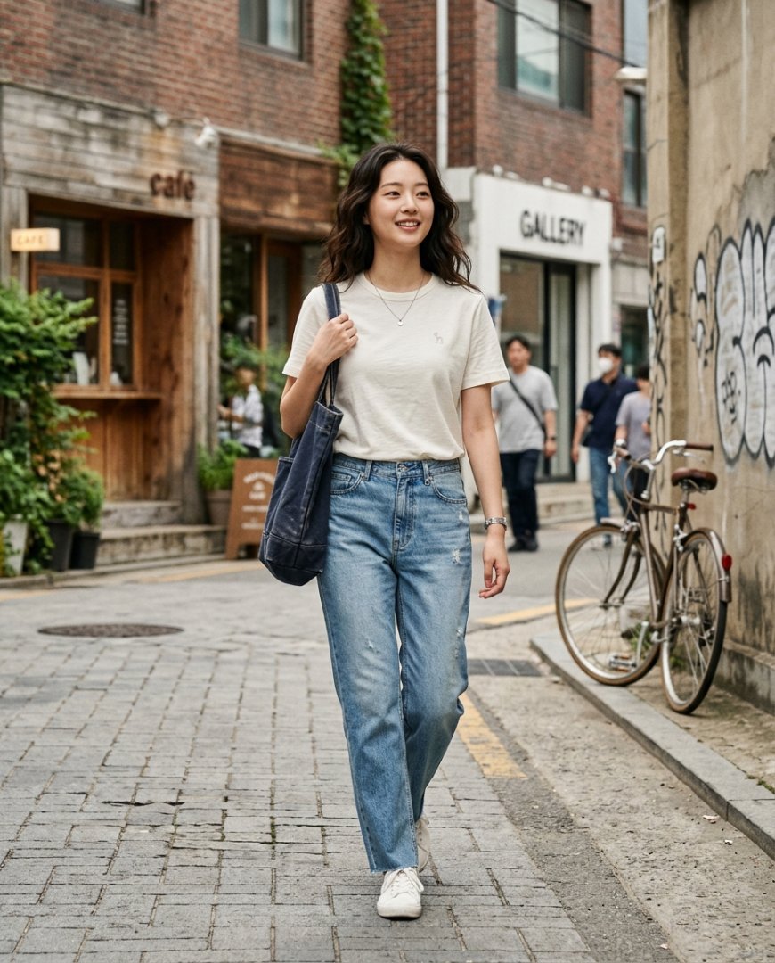블랙 반팔티셔츠와 데님, 거리의 자유로운 룩