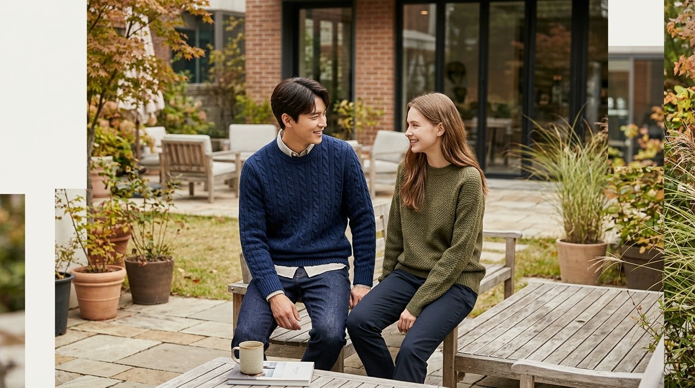 테이블 위 다양한 스웨터와 코디 아이템