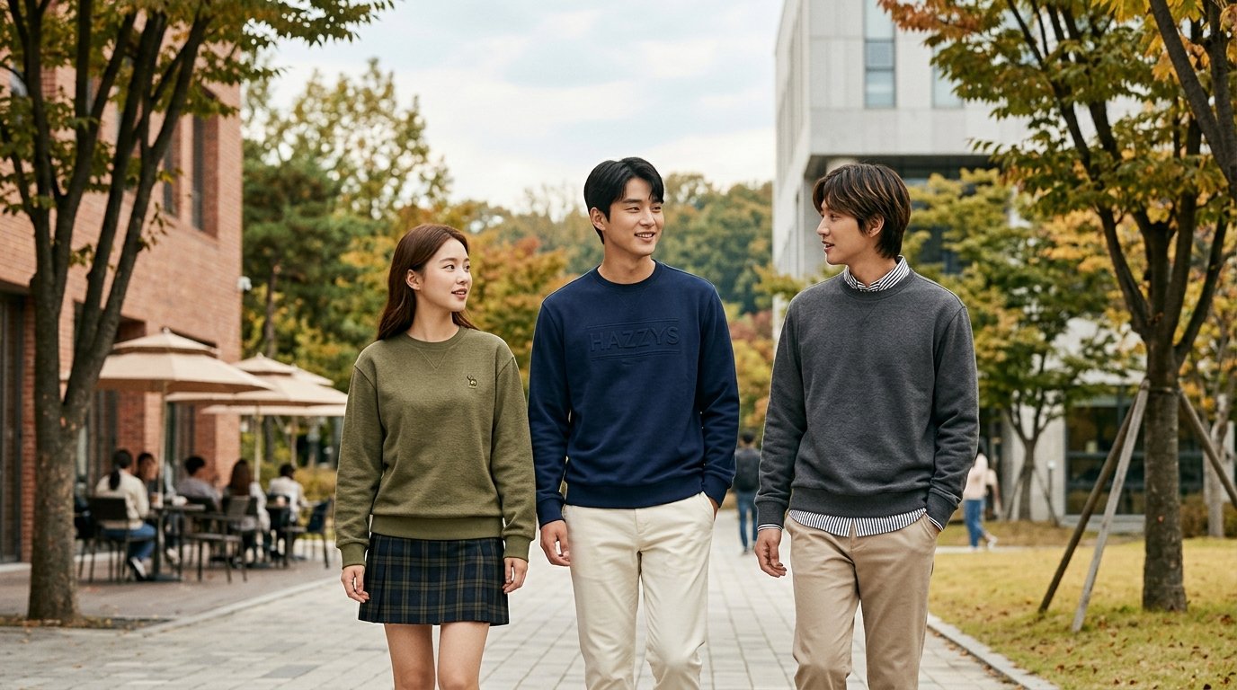 맨투맨 티셔츠와 팬츠를 입은 모델의 야외 캐주얼 스타일링