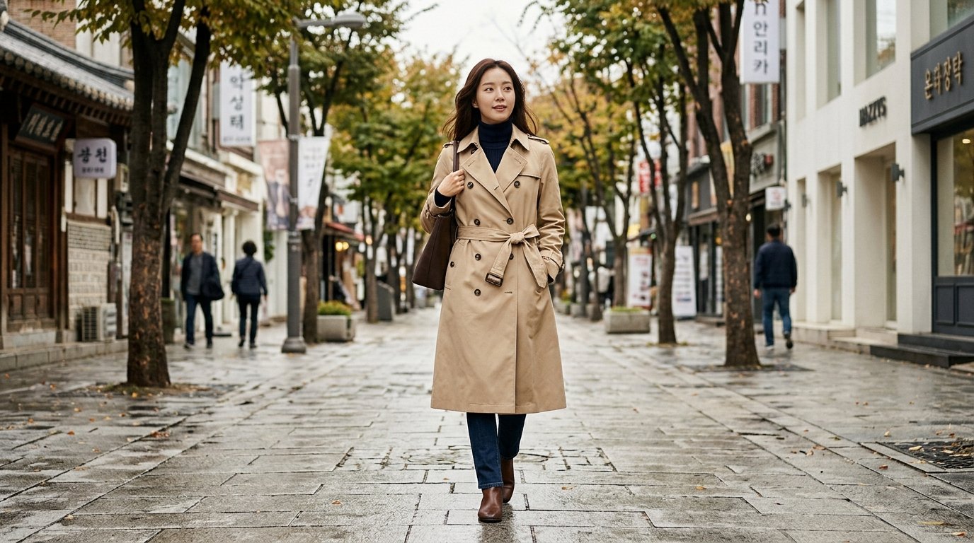 쇼룸에서 다양한 스타일링의 트렌치코트 진열된 모습