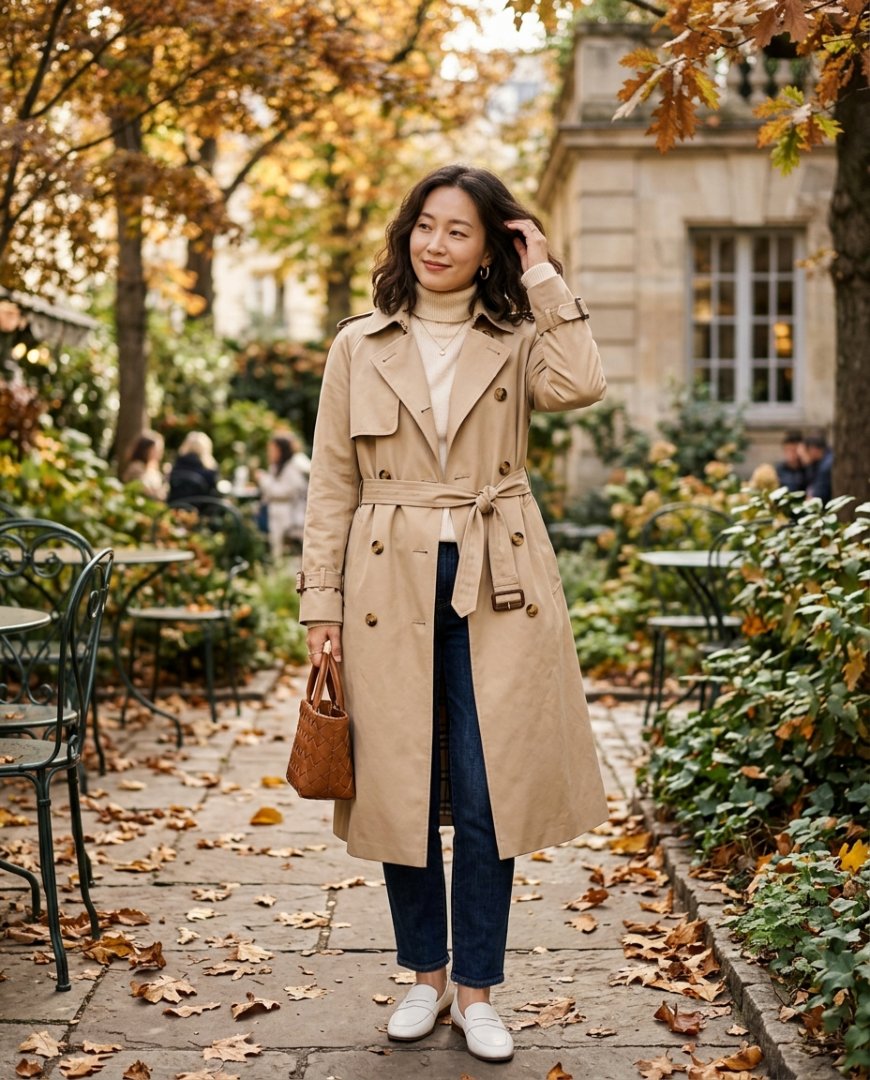공원에서 캐주얼하게 트렌치코트를 입은 모습
