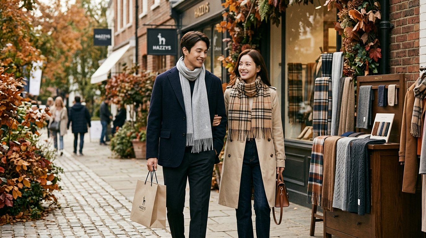 베이지, 그레이, 네이비 색상의 머플러를 착용한 사람들 모습