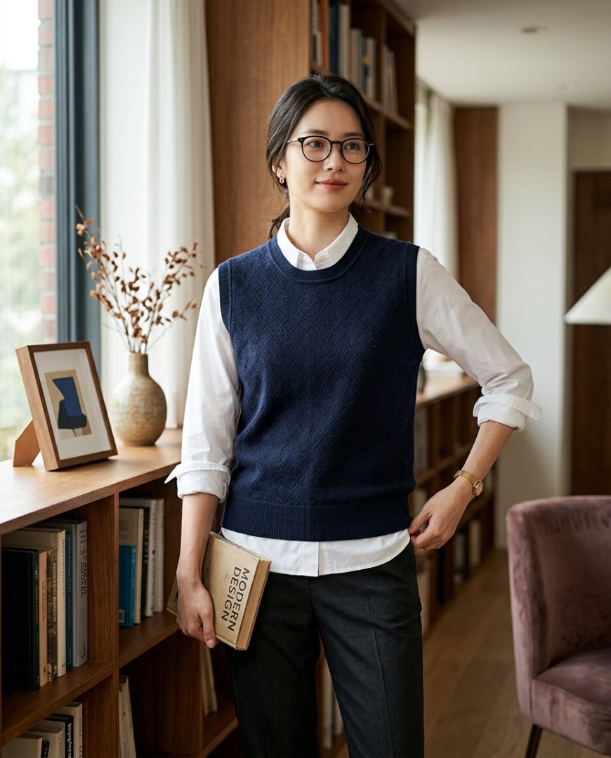 스트라이프 셔츠와 데님을 입은 모습