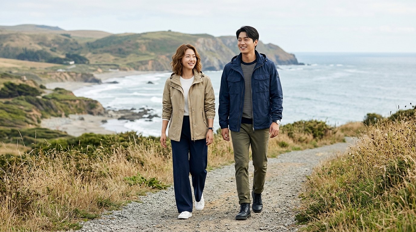 야외 공원에서 자연광 아래 스타일링한 바람막이 착용