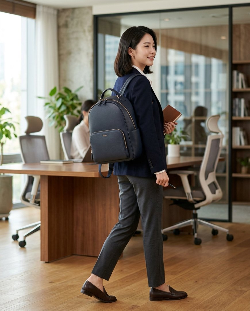 오피스에서 블랙 가죽 백팩을 들고 있는 비즈니스룩의 여성