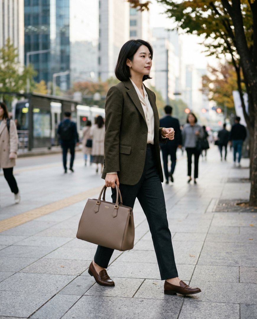 블랙 슬랙스에 토트백을 든 출근길 여성