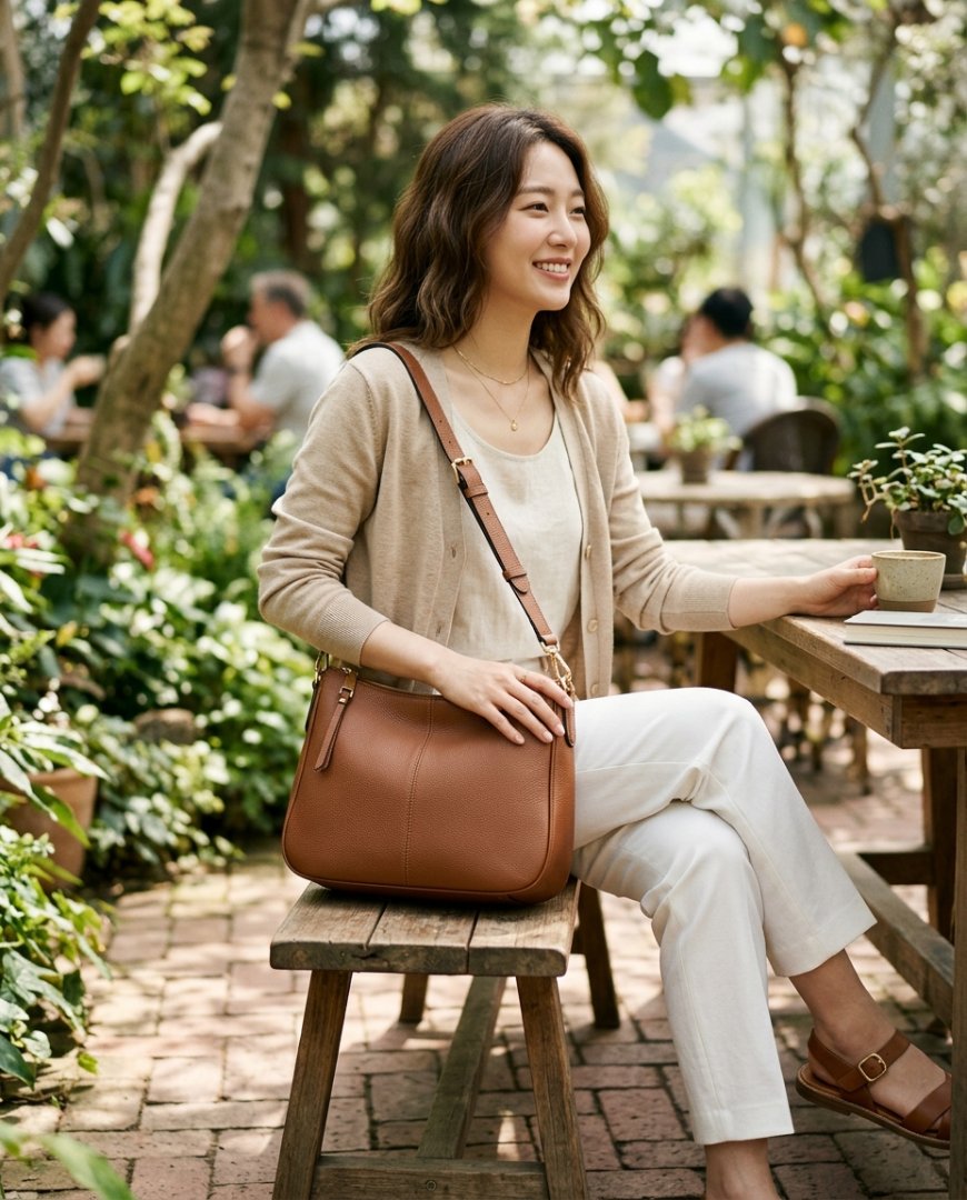 데님 팬츠와 브라운 토트백의 여성 공원 나들이