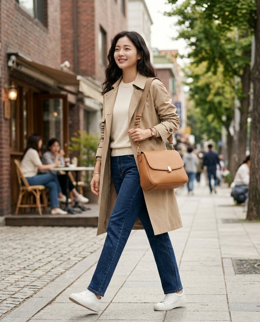 공원에서 데님과 티셔츠를 입고 있는 모습