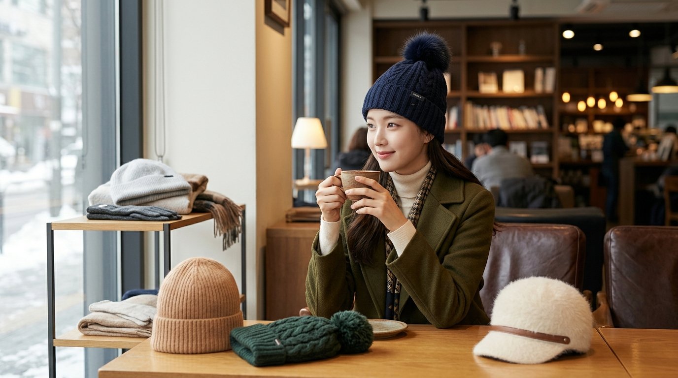 해변을 배경으로 다양한 디자인의 여성 모자들이 진열되어 있는 장면.