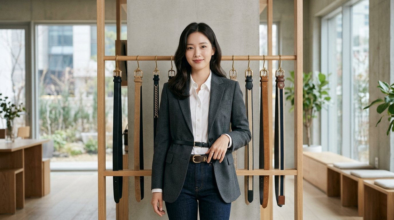 테이블 위에 배치된 다양한 스타일의 여성 벨트
