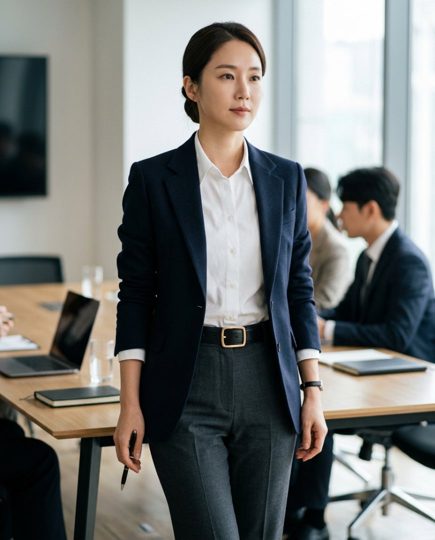 정장을 입고 블랙 벨트를 매치한 직장 여성의 모습