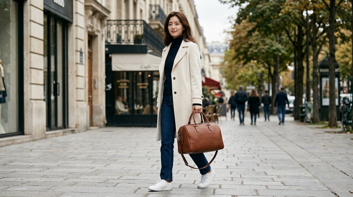 여성이 야외에서 보스턴백을 어깨에 매고 걷는 장면