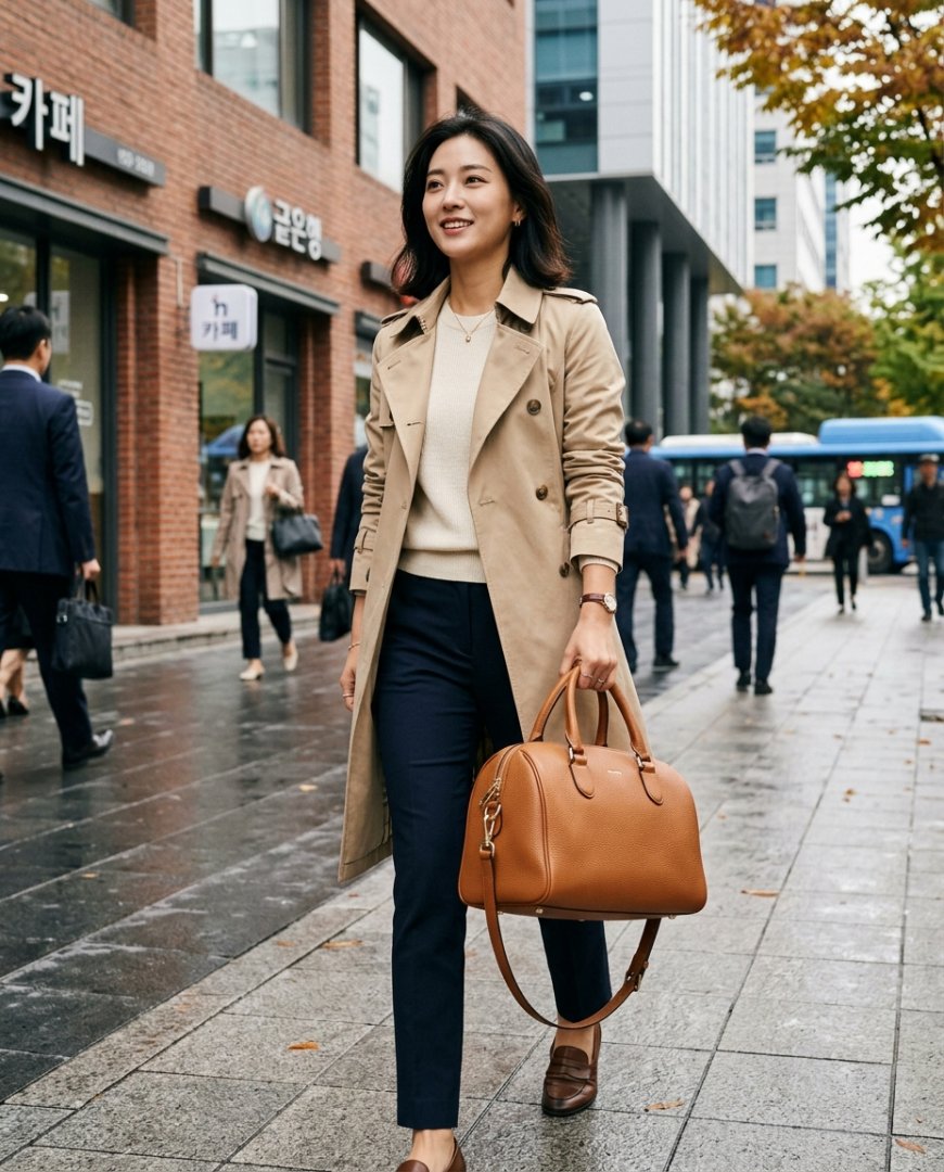 정장 차림의 여성이 블랙 보스턴백을 들고 있는 장면