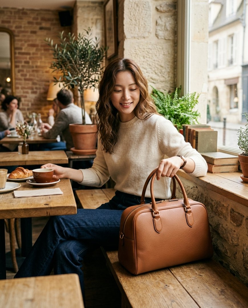 데님과 브라운 보스턴백을 매치한 캐주얼 착장