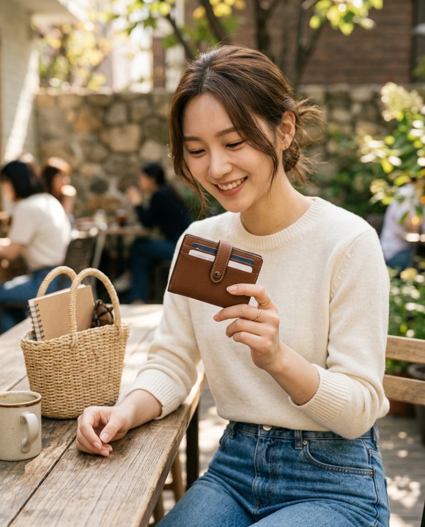 여유로운 주말 휴양지에서 모델이 카드지갑을 포켓에 넣고 있는 모습.