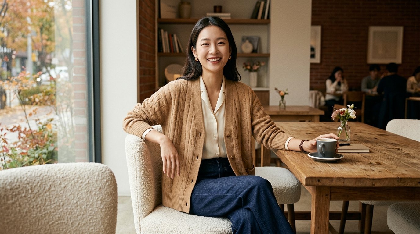 버건디 가디건을 입고 벤치에 앉아 있는 여성