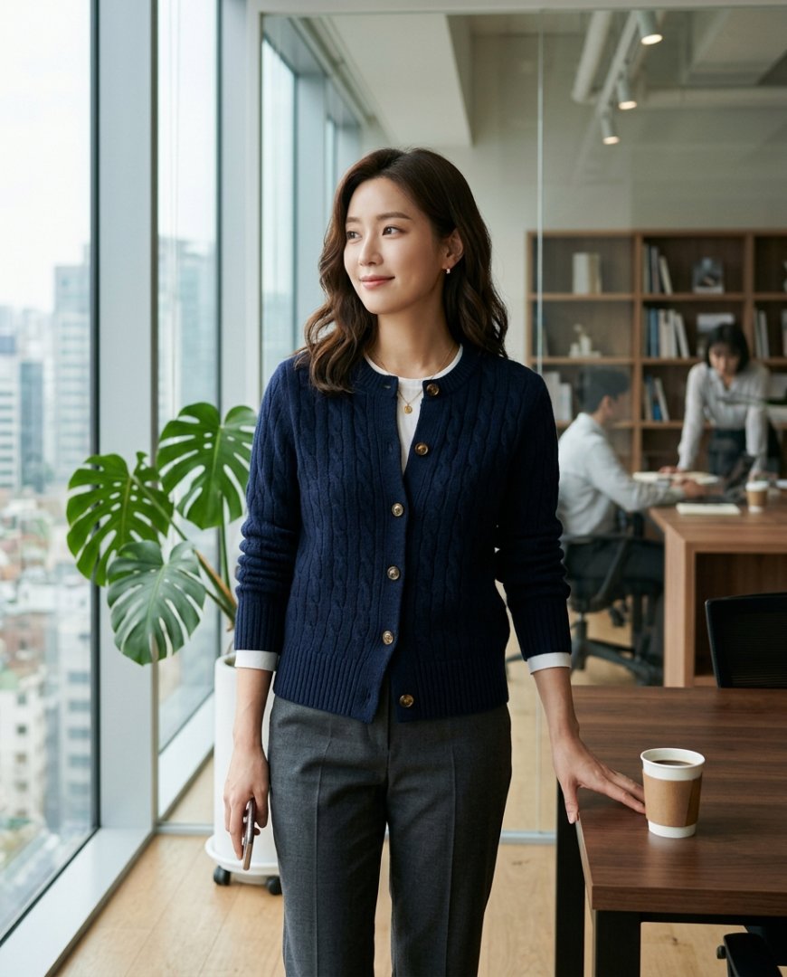 사무실에서 클래식 가디건을 착용한 여성