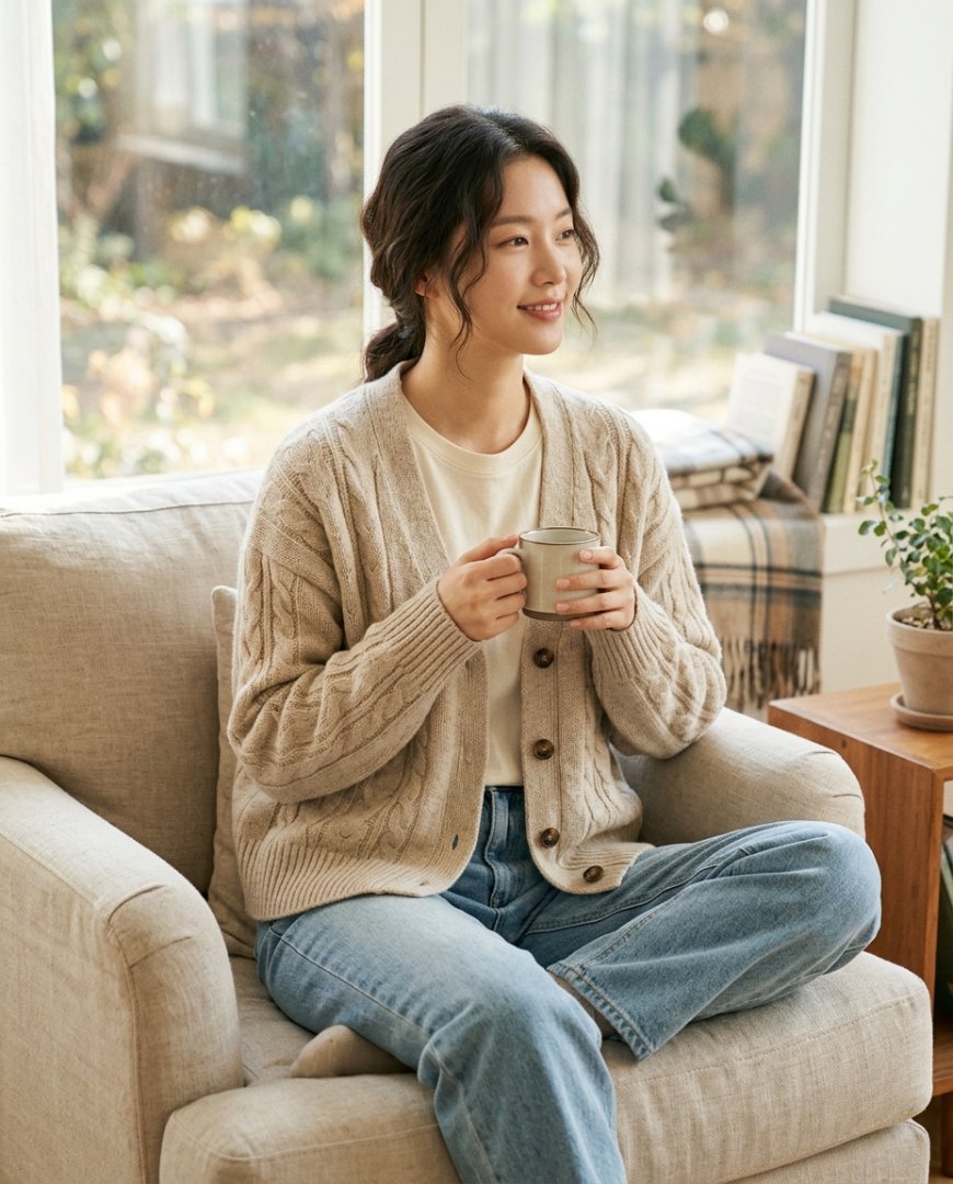 거실에서 편안한 가디건을 입은 사람