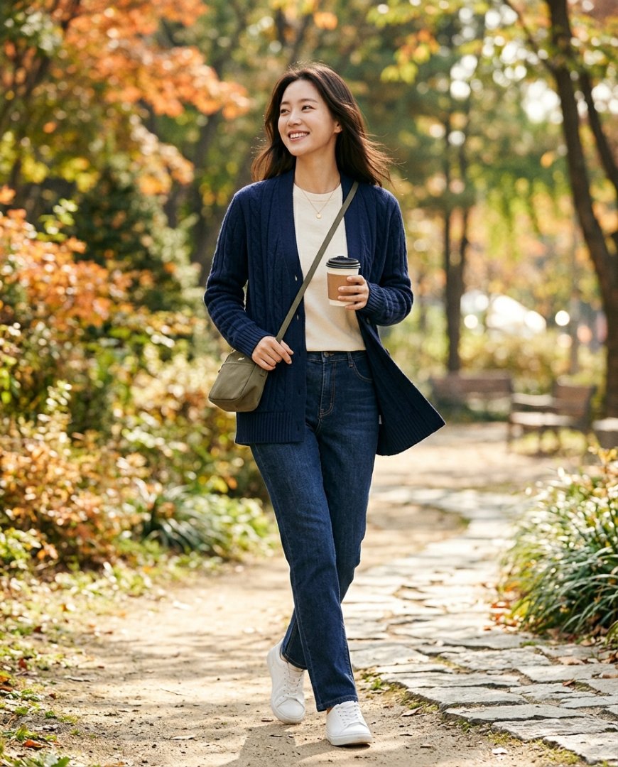 도시 거리에서 가디건과 스카프를 착용한 인물