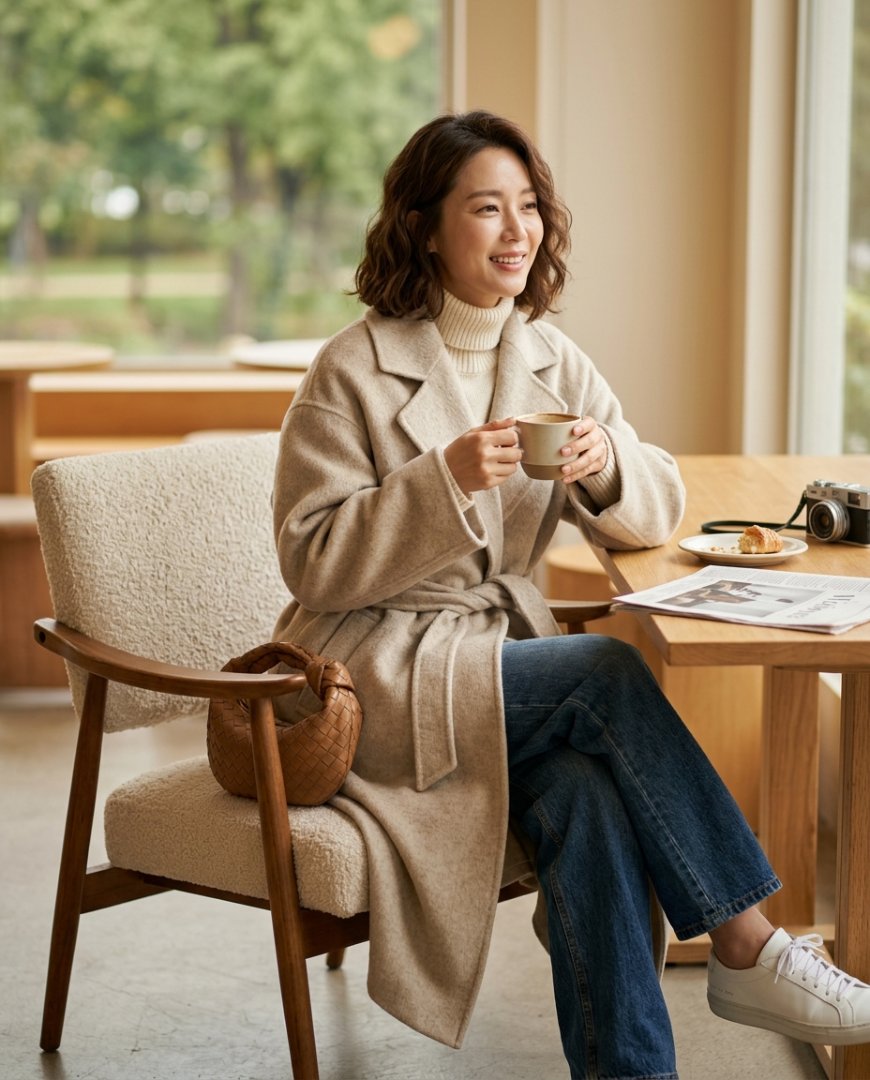 트렌치코트와 데님을 입은 여성이 커피숍에 앉아 있는 모습