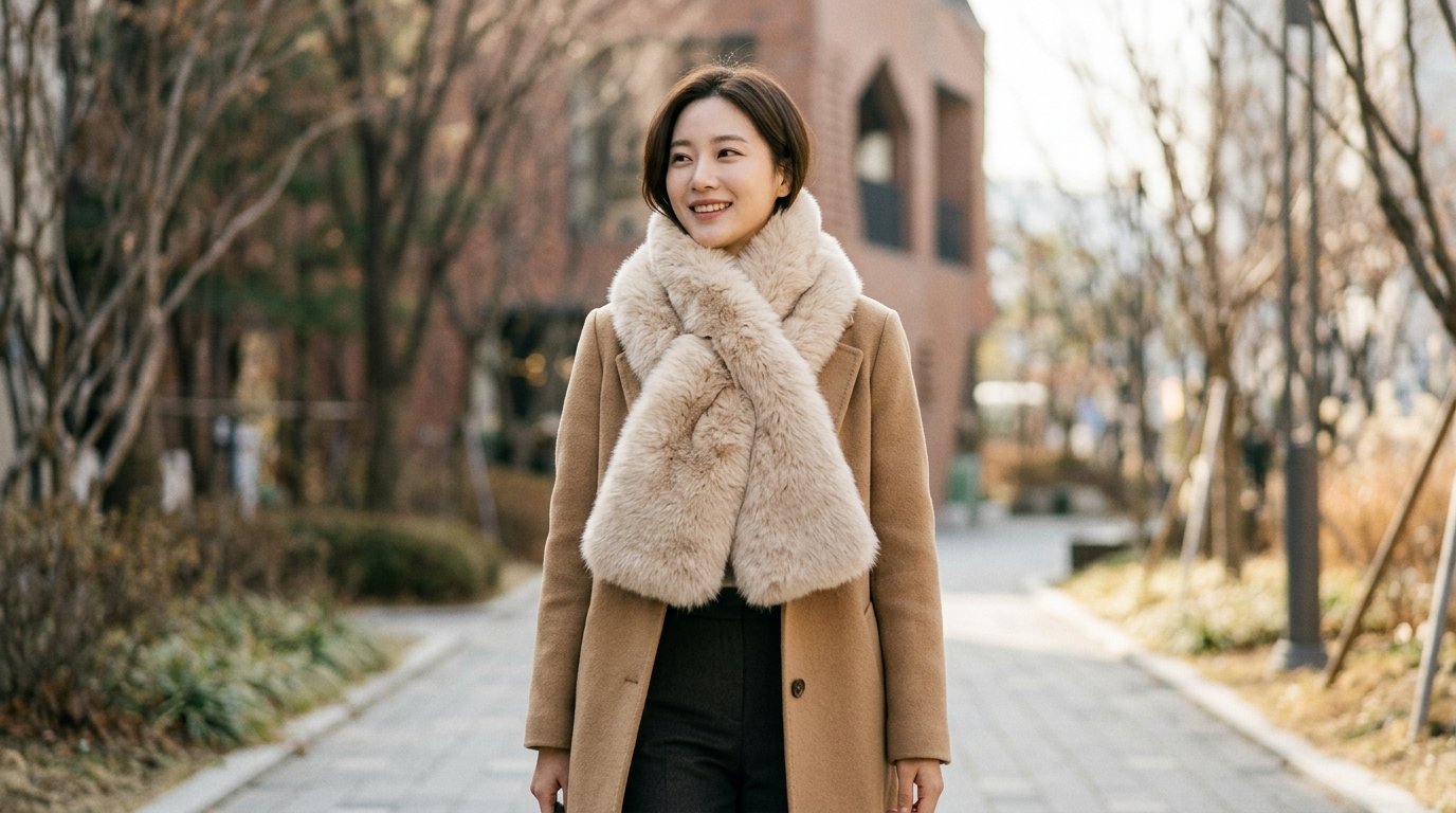 우아한 패션의 여성들이 다양한 스타일로 퍼 머플러를 착용한 모습