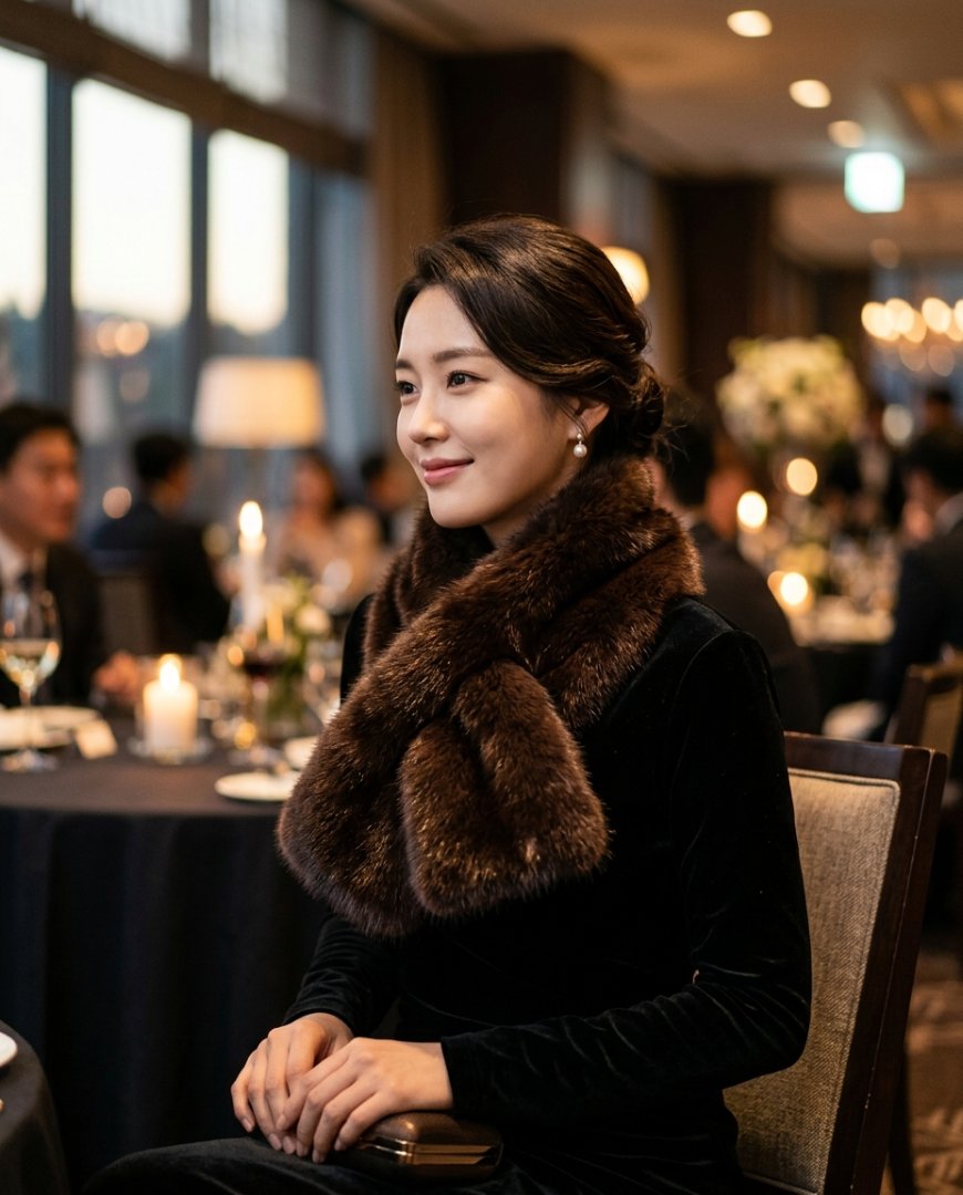 블랙 드레스 위에 캐시미어 머플러를 착용한 여성
