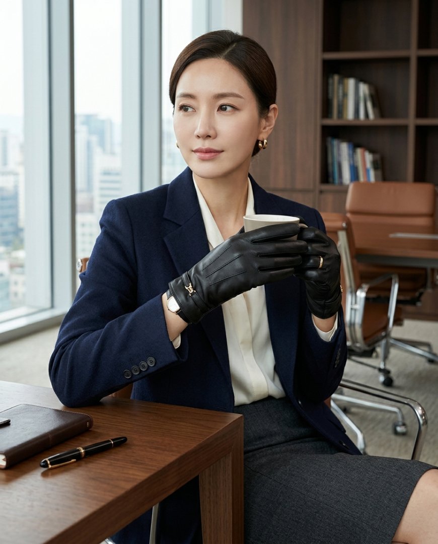고급스럽게 꾸며진 사무실에서 장갑을 낀 여성의 손