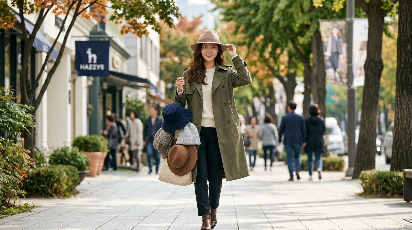 뷰티풀한 안락한 정원 테이블에 다양한 모자가 놓여있음