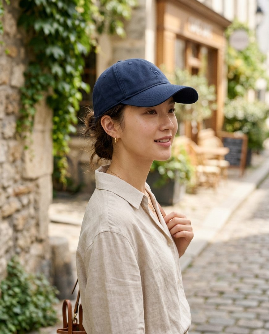 도시 거리에서 슬랙스를 입고 볼캡을 쓴 여성