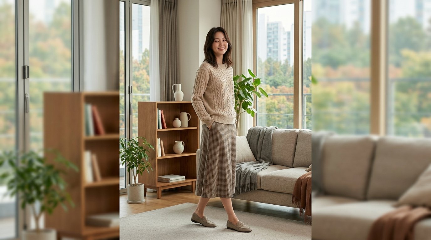 정장차림 여성들이 니트를 어깨에 두르고 이야기를 나누고 있습니다.