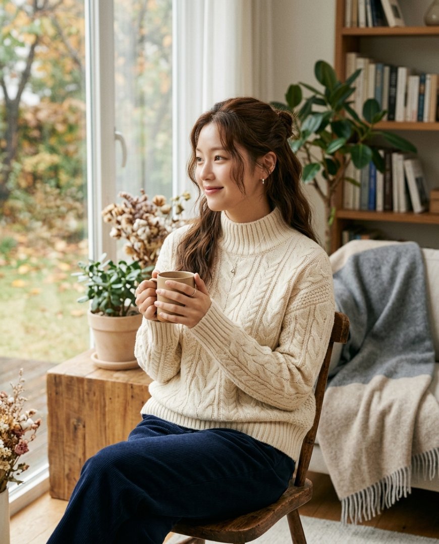여성들이 친근한 분위기 속에서 니트를 입고 있습니다.