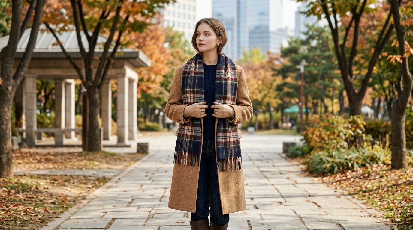 여성용 머플러가 진열된 부티크, 여성 고객이 살펴보는 중