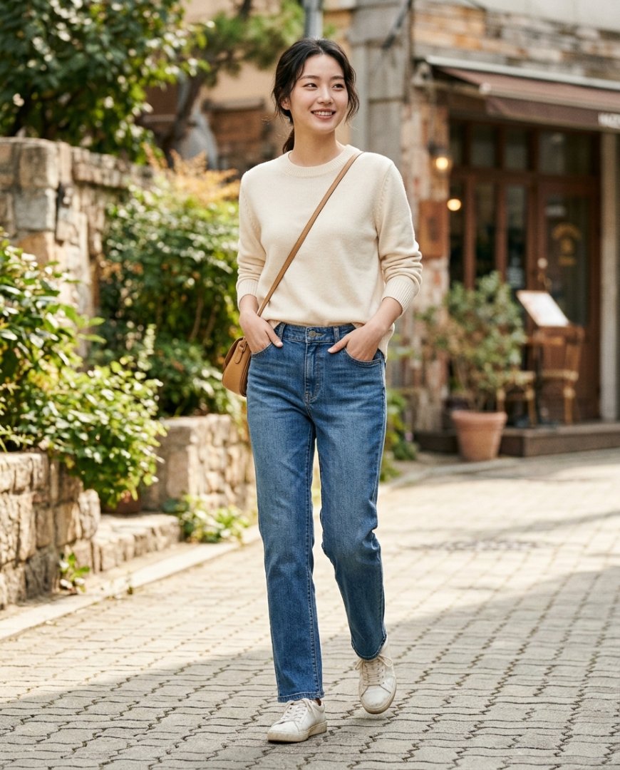 블루 데님 팬츠와 흰 티셔츠를 매치한 모습