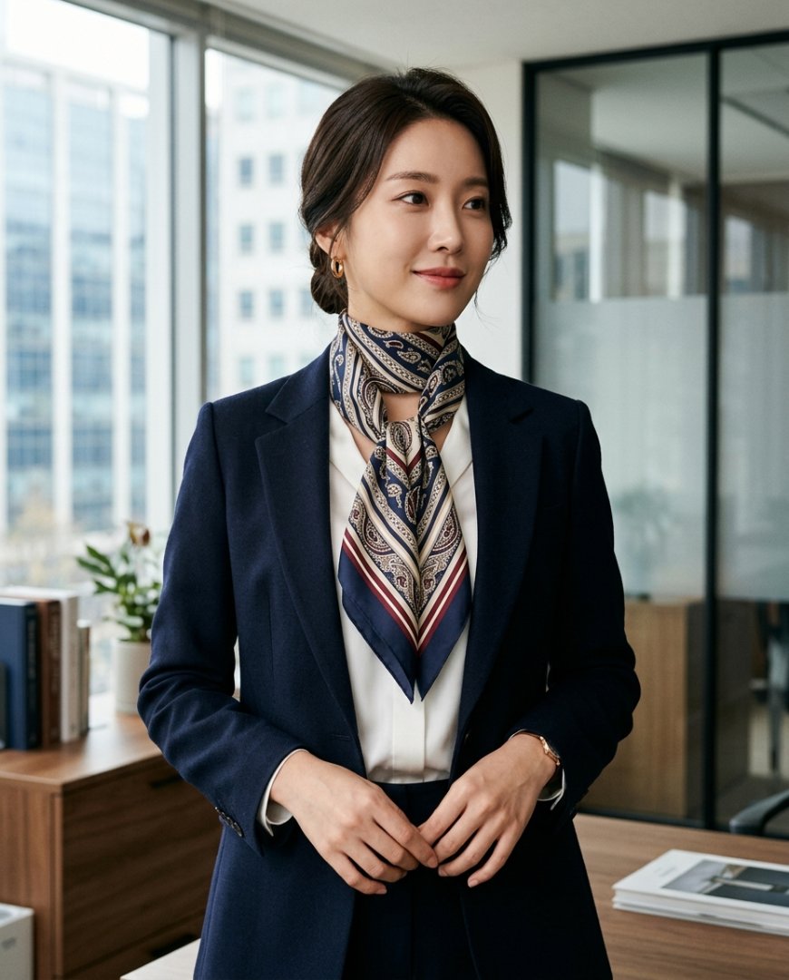 짙은 색 매끄러운 스카프가 어울린 정장 장면