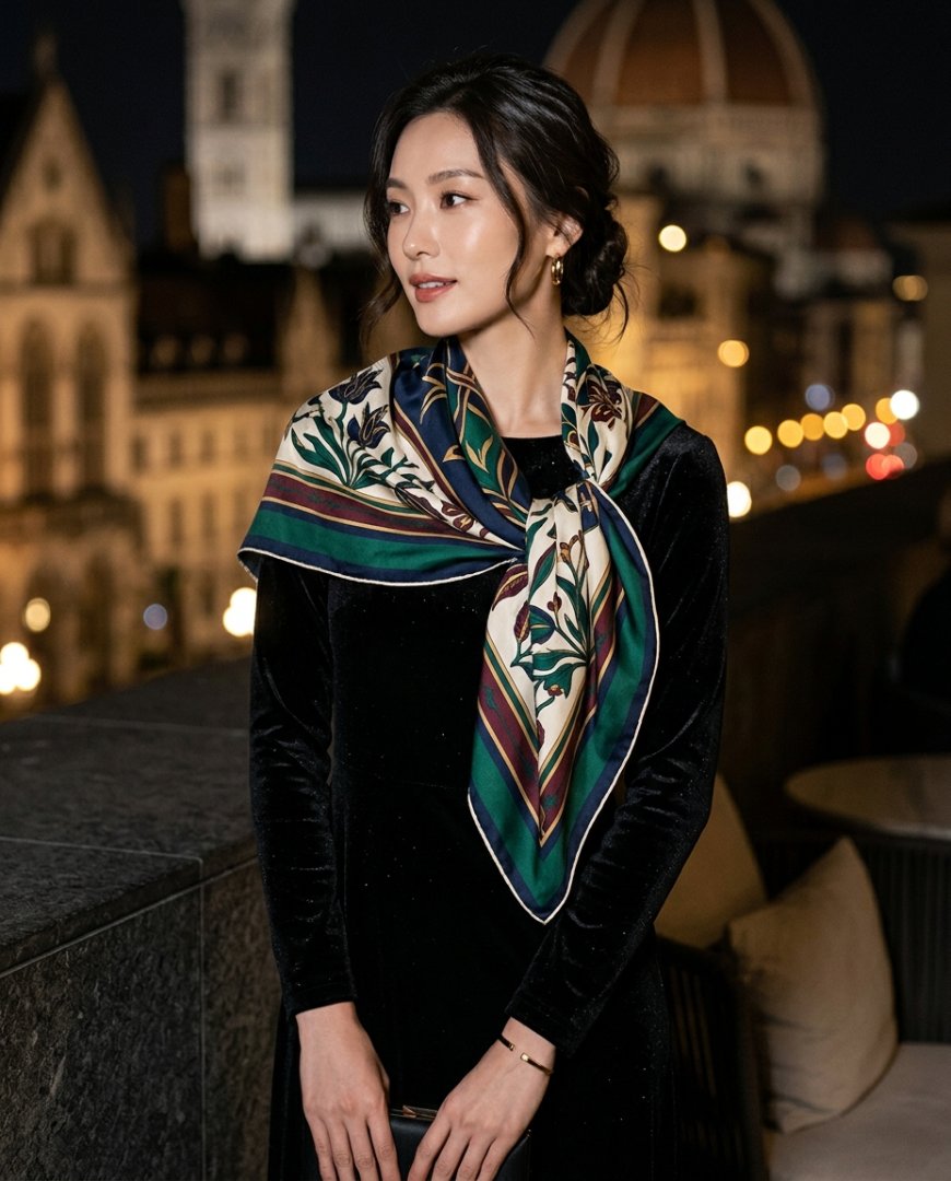 이브닝 드레스와 스카프의 조화로운 장면
