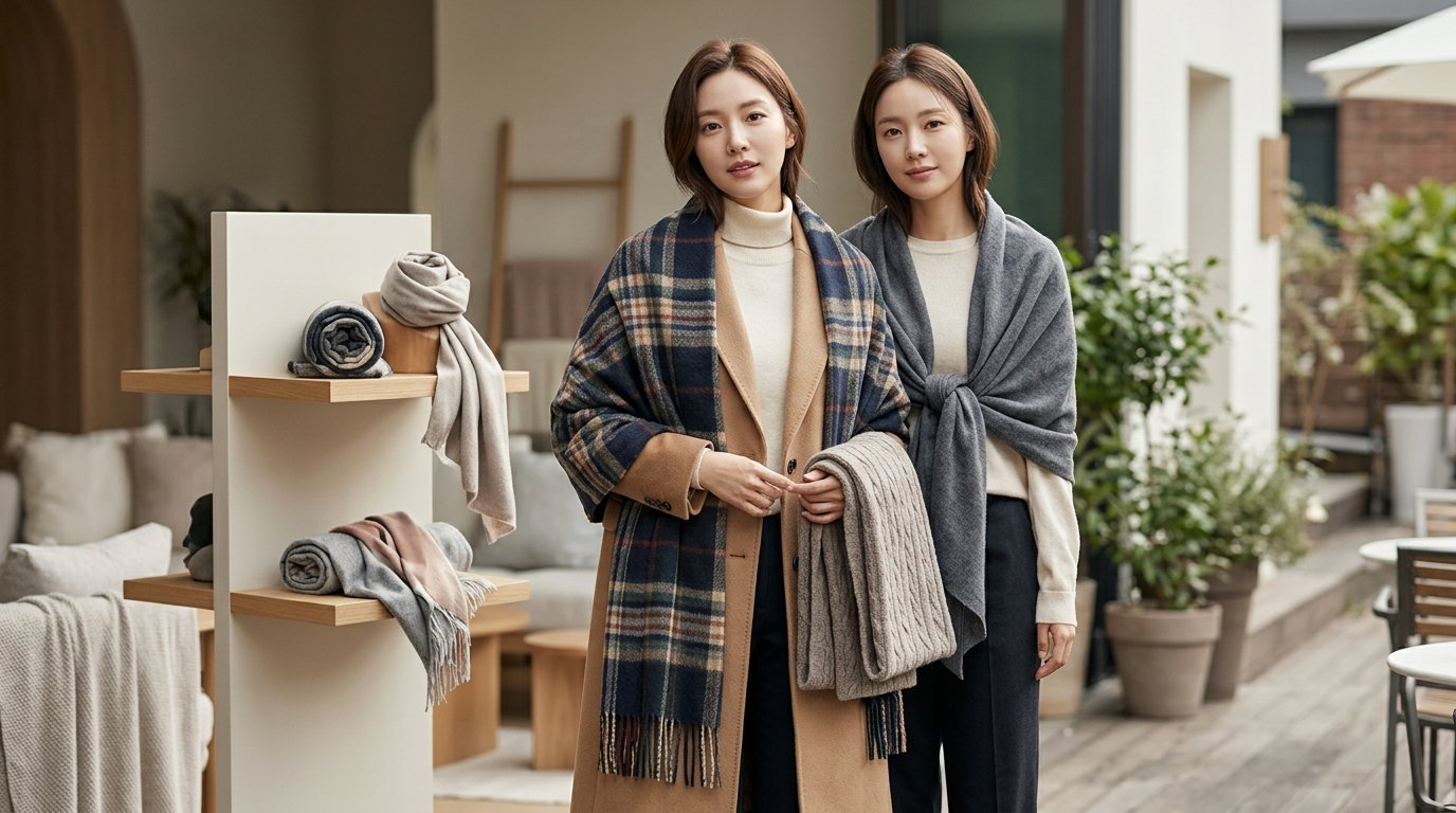 백화점의 액세서리 섹션에 배치된 여러 여성숄.