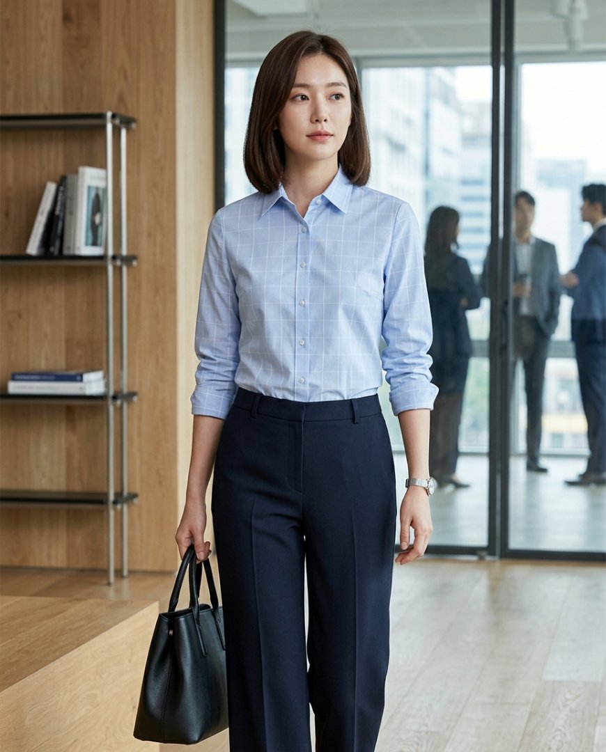 사무실에서 네이비 셔츠를 입고 슬랙스를 착용한 여성.