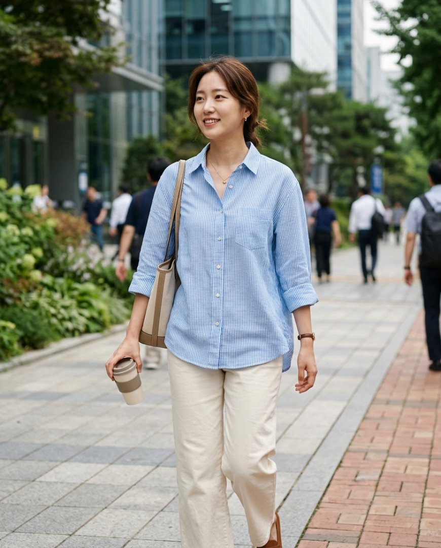 소파에 앉아 반소매 셔츠와 데님 팬츠를 코디한 여성.