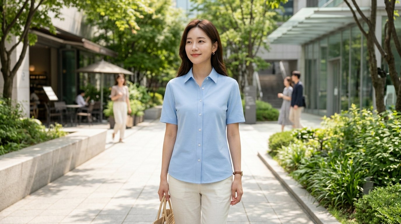 여러 여성이 도시 거리에서 반팔 셔츠를 입고 함께 걷는 모습입니다.