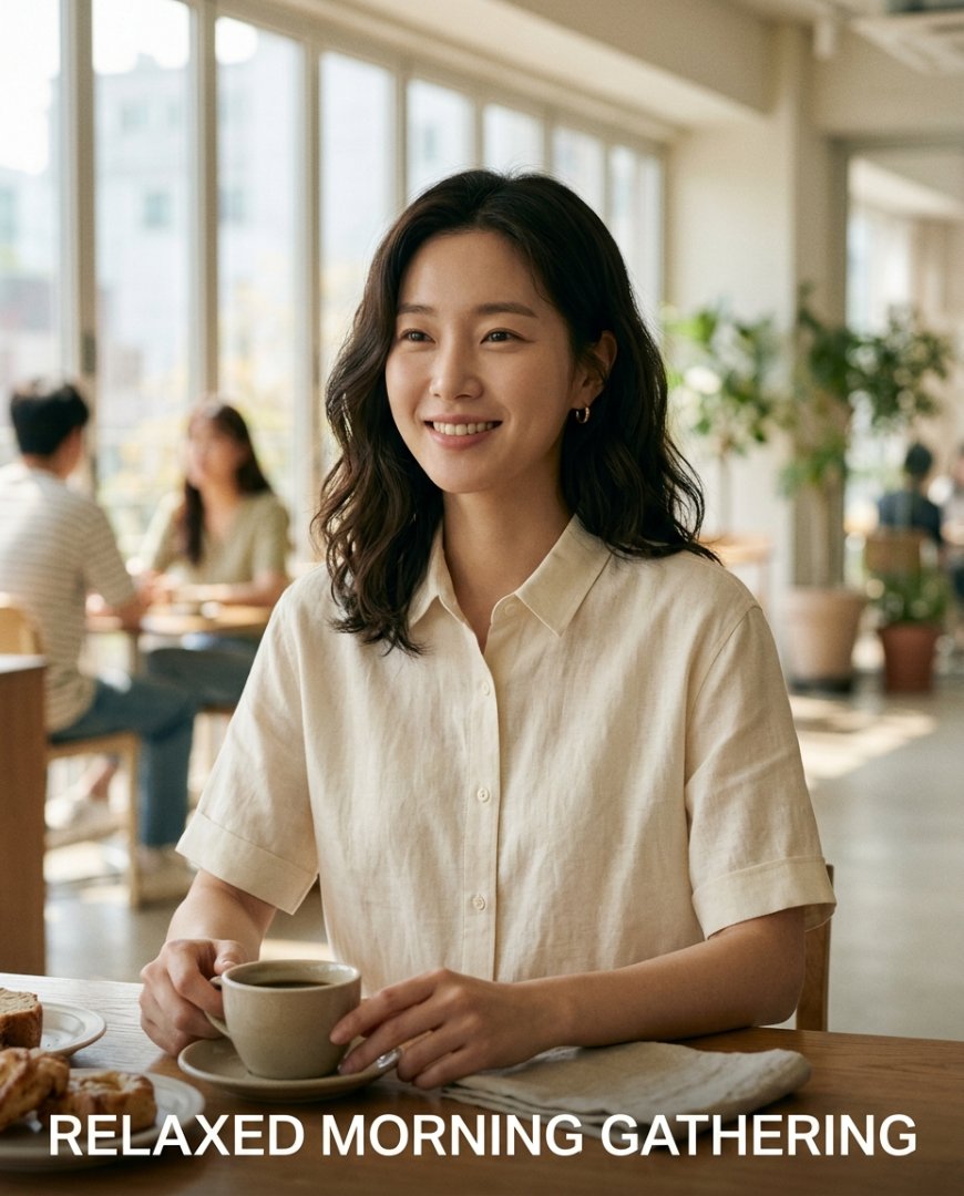 카페 테이블에서 셔츠와 데님 스커트를 입은 여성의 근접 샷