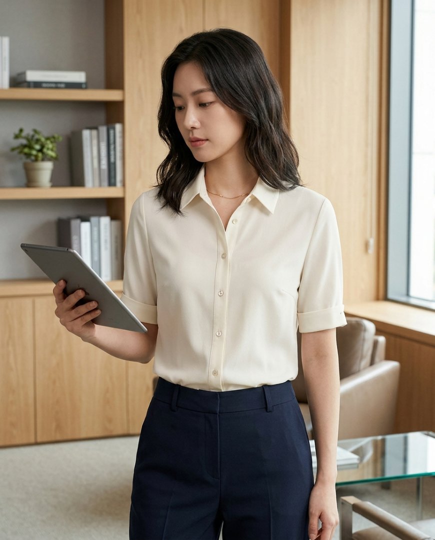오피스에서 책상 앞에 앉은, 블랙 셔츠를 입은 여성