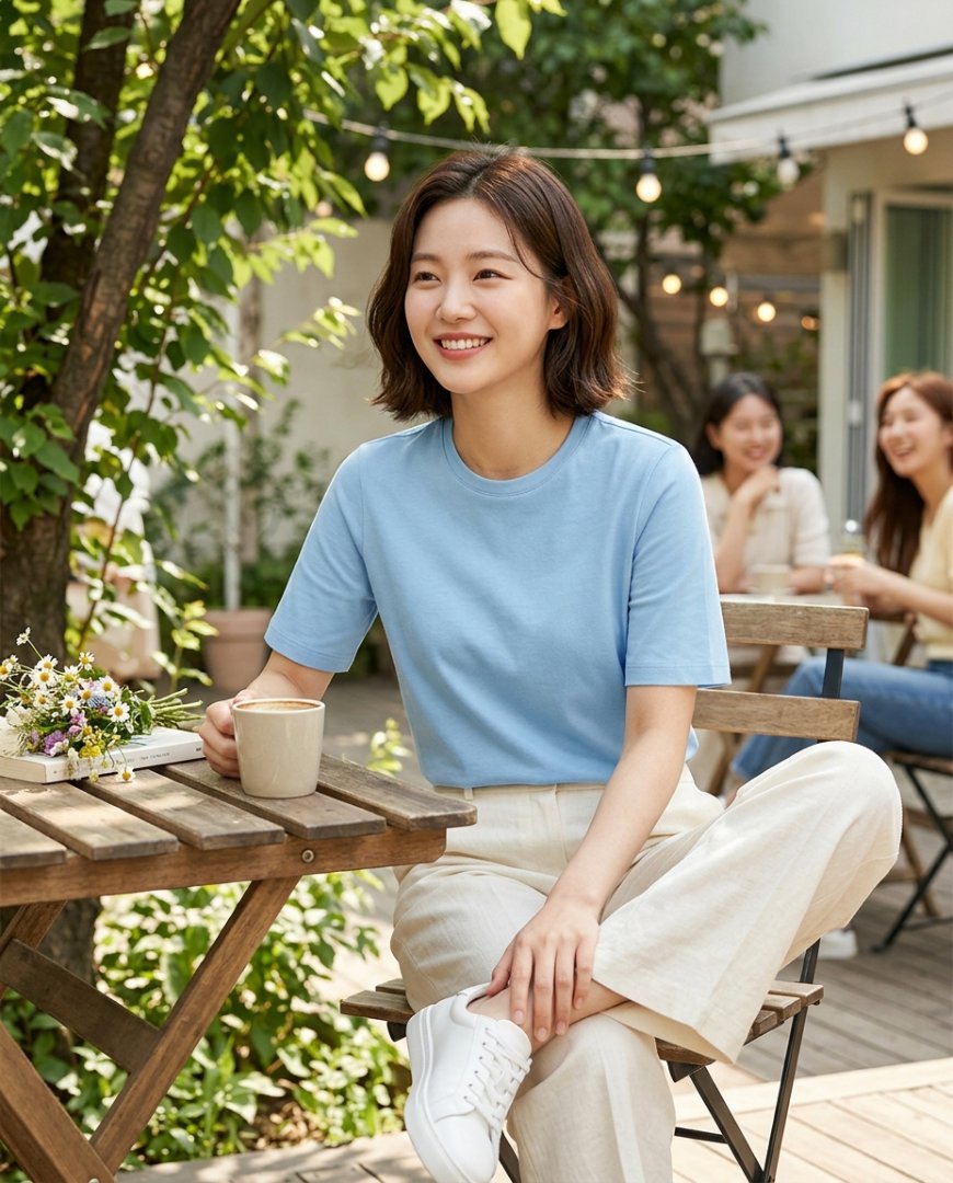 슬림 데님과 반팔티셔츠 패션