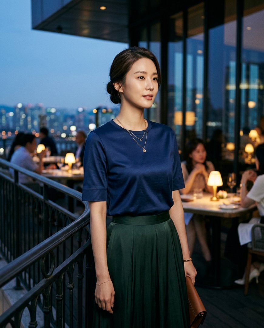 아이보리 티셔츠와 미디 스커트 스타일