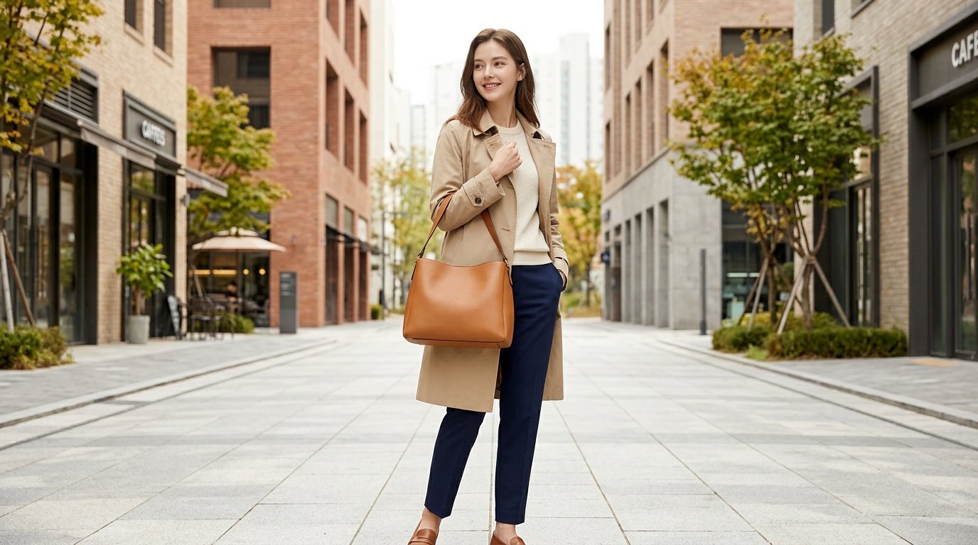 도시 배경의 모델이 숄더백을 메고 있는 장면