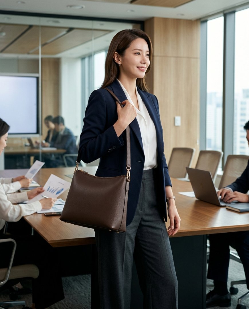 책상 앞에서 가방을 든 모델
