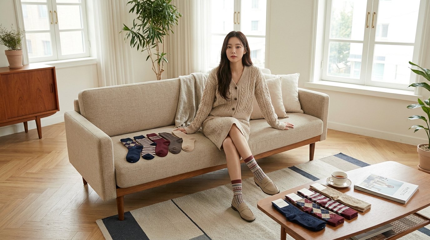 다양한 색상과 형태의 여성 양말들, 자연스러운 조명 속에서 전시됨